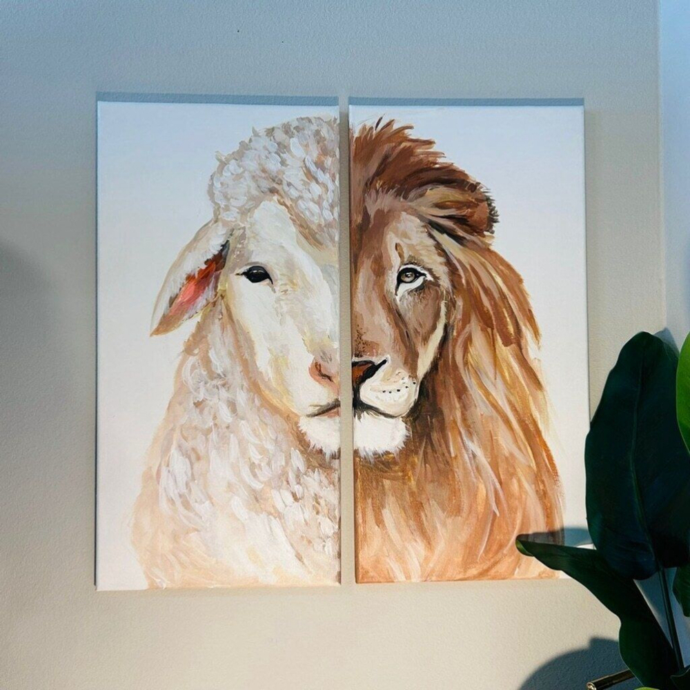 Lion and the Lamb Hand Painted / Acrylic Painting 20x20 Christian Jesus Canvas